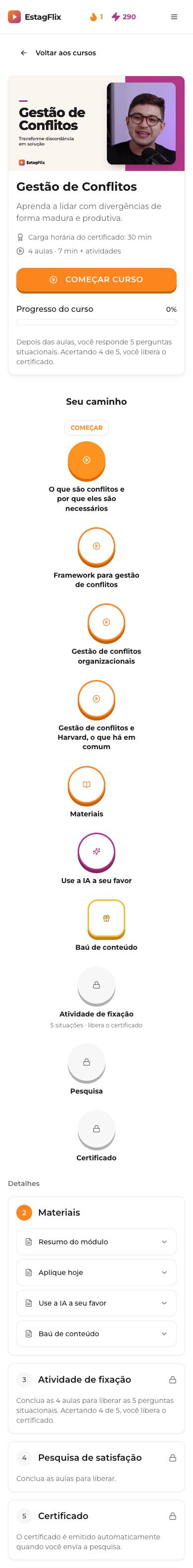 Caminho de cursos do EstagFlix no celular